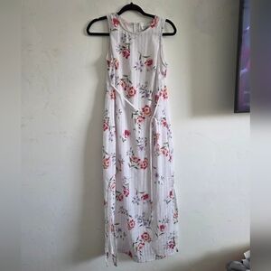 Sleeveless White Floral Maxi Dress with Tie Waist